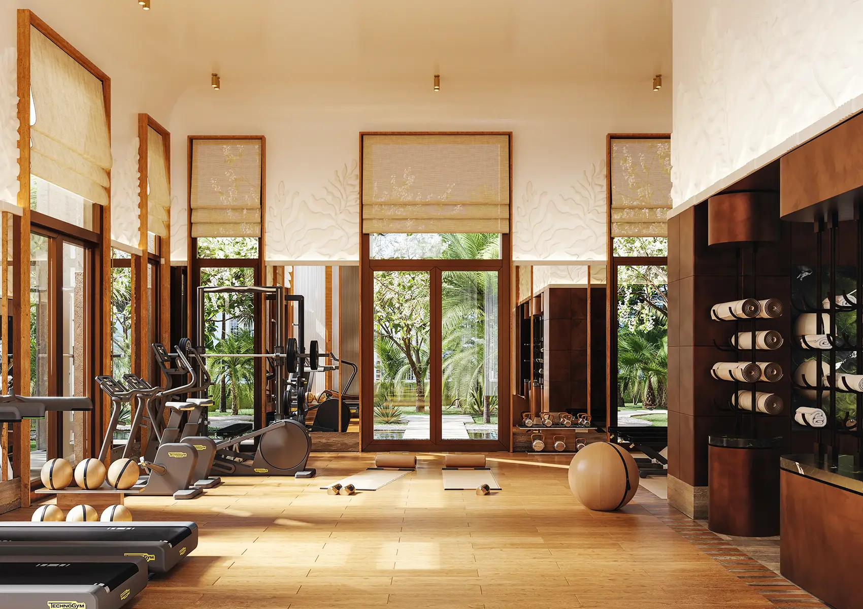 ELIRE gym interior with modern equipment, ambient lighting, and upscale design