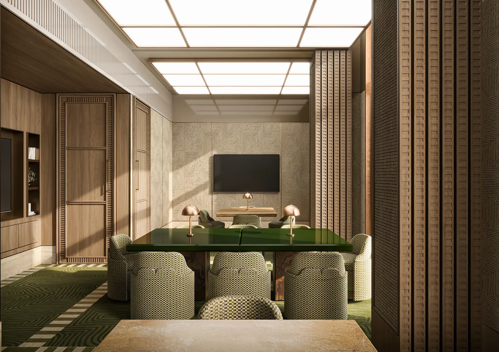 ELIRE meeting room with modern boardroom setup and ambient lighting