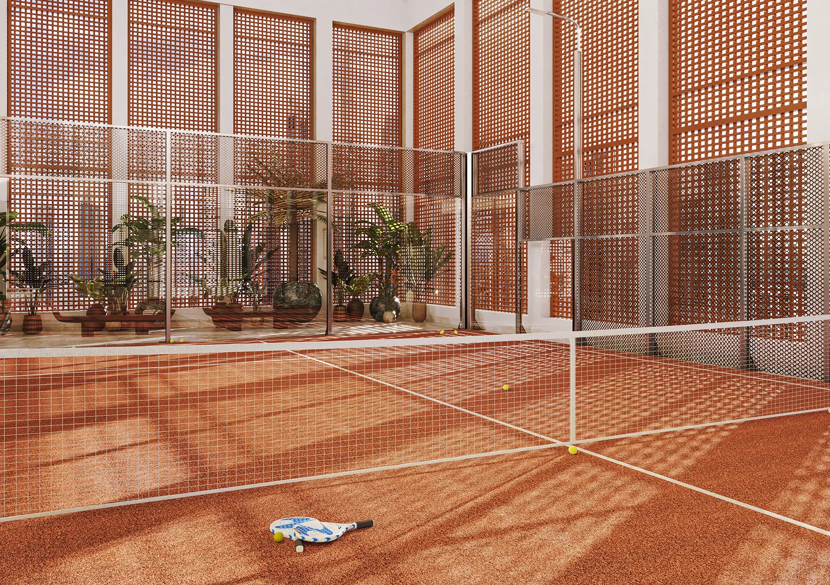 ELIRE padel court with glass walls and illuminated playing surface