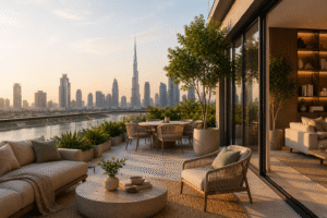 Amenities of a luxury building with a view to Burj Khalifa Relaxing space with a panoramic view on Burj Khalifa